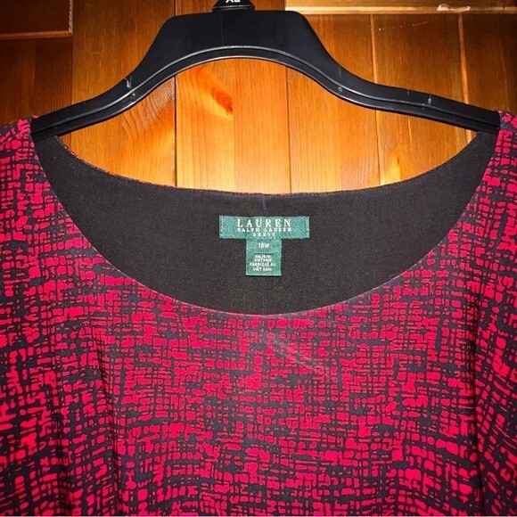 LAUREN RALPH LAUREN 18W Red Black Print Jersey Ruched Gathered Slimming - Picture 3 of 7